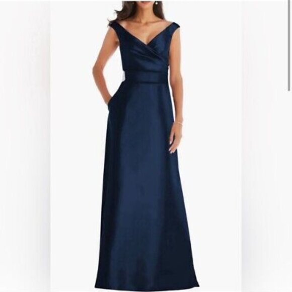 NWT ALFRED SUNG Off-the-shoulder Draped Satin Maxi Dress Midnight Navy P6107 - Picture 1 of 8